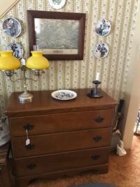 Maple chest in the Chippendale style.  Double student lamp C. 1950's.  Litho of Lyons, 1889.