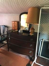 C. 1940's Mahogany dresser in Hepplewhite Style,  Antique mirror.  1950's lamp with burlap shade.  