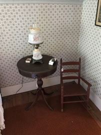 Adorable child's rocker.  Drum table with drawer and tripod base = nice size.  Contemporary Gone with Wind style lamp. 