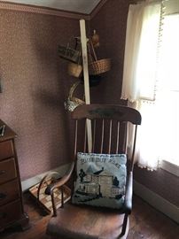 Painted hall tree with group of baskets and early boston rocker.  One rocker needs repair.