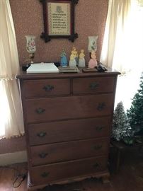 Maple chest of drawers in Chippendale style.  Cross stitch and more smalls.