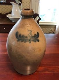 "J. Fisher, Lyons, NY" 3 gallon blue decorated jug.  Nice ovoid form.  No cracks.. 