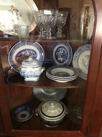 Early China and pattern glass. Some Japan willow ware. 