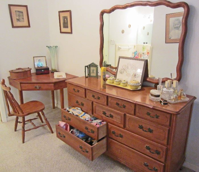 Triple dresser with mirror, corner desk, and chair