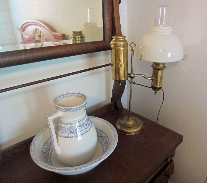 Pitcher and bowl and wired old oil lamp
