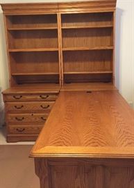 Great Oak 2-Sided Desk w/ Bookcases and Built-in File Drawers