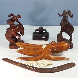 Artz Wood Carvings Octopus Boomerang Cowboy Sheep Owl