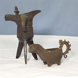 Asian Arts Bronze Jue Wine Vessel Small Coil Form Ptcher
