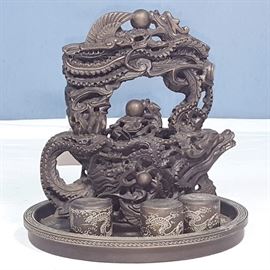 Asian Arts Dargon Carved Clay Stone Ceremonial Tea Service With Tray