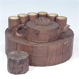 Asian Arts Log Carved Clay Stone Ceremonial Tea Service With Tray Box And Tea Caddy