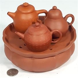 Asian Arts Yixing Zisha Clay Mini Teapots With Warmer base A