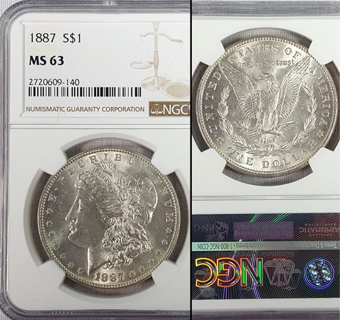 Cur Coins MS63 Morgan 1887 Silver Dollar NGC Graded