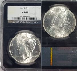 Cur Coins MS63 Peace 1923 Silver Dollar NGC 25th Anniversary Graded A