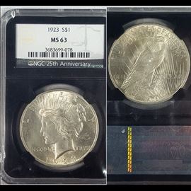 Cur Coins MS63 Peace 1923 Silver Dollar NGC 25th Anniversary Graded B