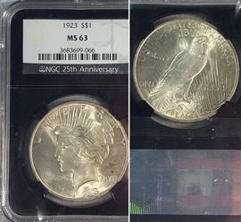 Cur Coins MS63 Peace 1923 Silver Dollar NGC 25th Anniversary Graded C