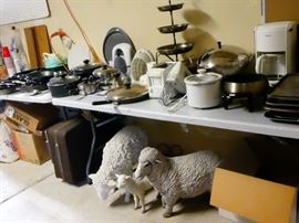 Various dishes and appliance  with three fiberglass sheep