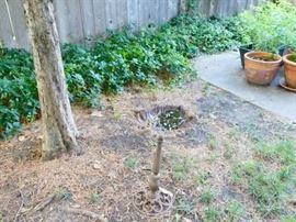 metal birdbath and flower pots