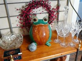 antique tea box, cut lead crystal and decanter and wine glasses.