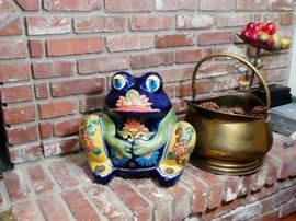 frog from mexico and antique brass caldron 