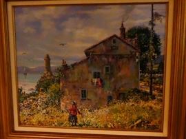 Michael Simon  Ancient lighthouse in Portugal  acrylic on canvas 1982  20X24   WITH FRAME 28X32  purchased at the simon Michael gallery in Rockport texas.