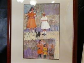 Oil of two girls and a cat in the park two other girls watching.