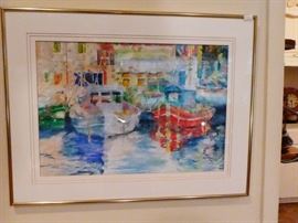 Water color of ships in the harbor.