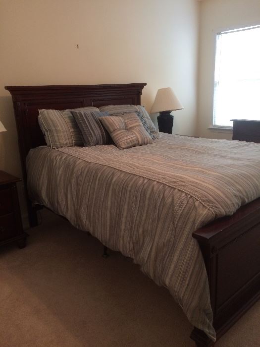 Queen bed - head & footboards, rails (mattress not for sale, but box spring is) 