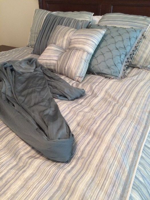 Queen size bedding ensemble -- sea foam / aqua colors -- satin finish comforter, pillow shams, throw pillows, and sheer window drape