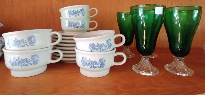 Pfaltzgraff "Yorktowne" cups & saucers;  beautiful green glasses from the 1940s!     DINING ROOM