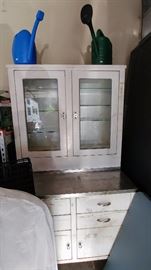 WOW!!!  Antique doctors storage cabinet with stainless steel top and glass shelving  WOW!!!     GARAGE
