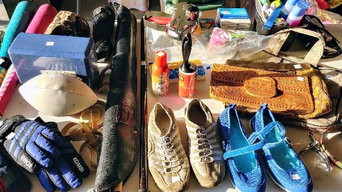 gloves, nice pool cue, cane, womens shoes, purses, etc.  GARAGE