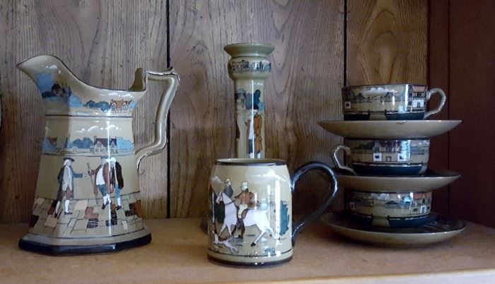 Buffalo Pottery Deldare Ware pitcher, candle stick, mug and cups/saucers
