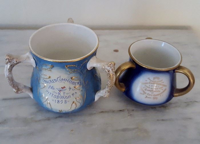 ANTIQUE 3 handled cups: Masonic 1898 Tancred Commandery No.48 AMERICAN CHINA & Knights Templar Central City Syracuse China NY Antique 190