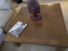 I load square coffee table, hand caved wood bust, Frank Sinatra book