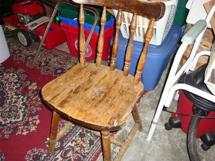 Vintage chair, rug, and misc garage items