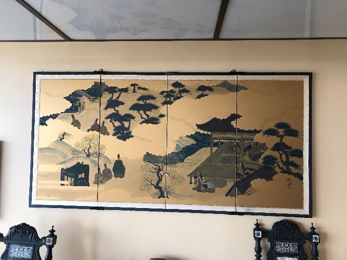 Beautiful Painted Silk Four Panel Oriental Screen