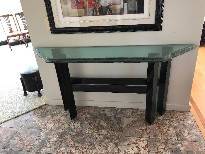 Sandblasted Glass and Metal Console Table