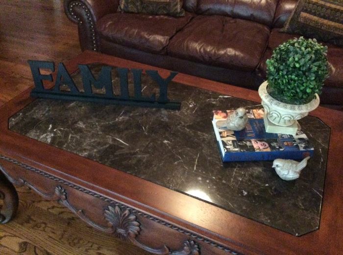 This marble top carved living room table set includes a coffee table, end table and sofa table. It's exquisite!