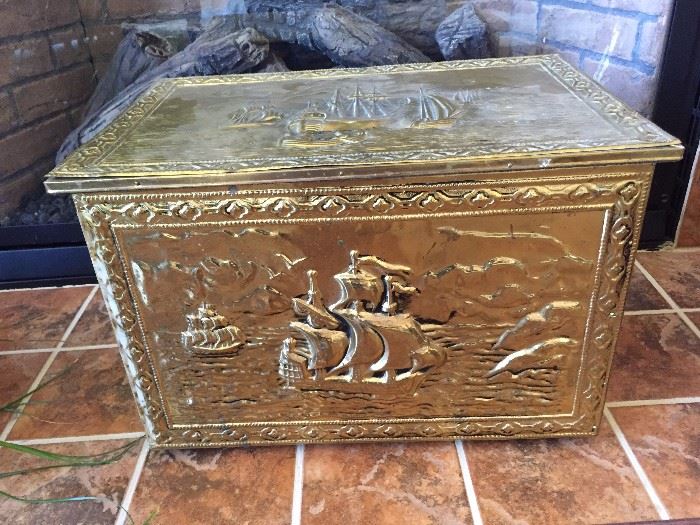 Wooden lined brass box with embossed nautical motif