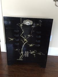 5 drawer black lacquer, hand painted, silverware Asian cabinet filled with 200+ pieces of teak & brass flatware with Buddha motif
