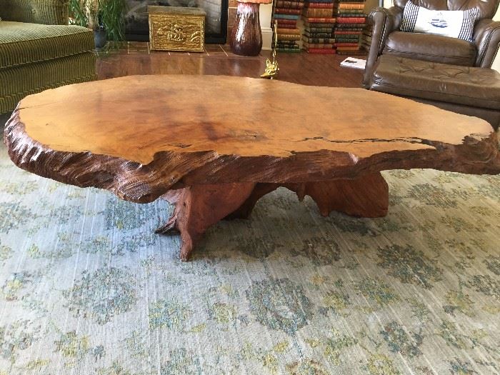Incredible, large rustic redwood cocktail table