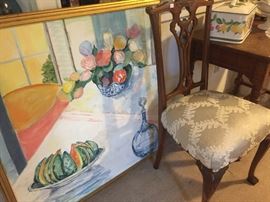 Original oil, still life by Jay Saloman. Set of 4 Chippendale chairs
