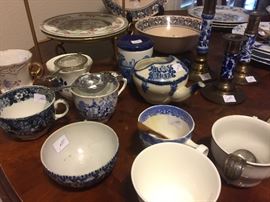 collection of blue and white antique coffee cups 