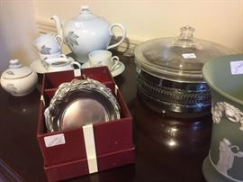 Tea set, coasters,  Wedgwood green Jasperware vase 