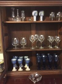 Crystal decanter, goblets, blue stemware 