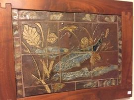 Tile artwork with fish, heavy wood frame 