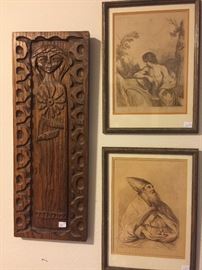 Craved wooden plaque, antique prints 