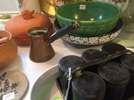Antique green mixing bowl, small German copper melting pot, antique spice holder