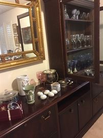 Mahogany server, antique glass cabinet, vintage gold framed mirror 
