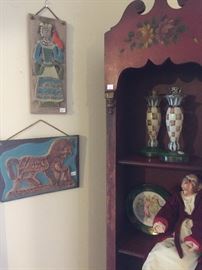 Antique painted red book case, Ebenezer Scrooge 